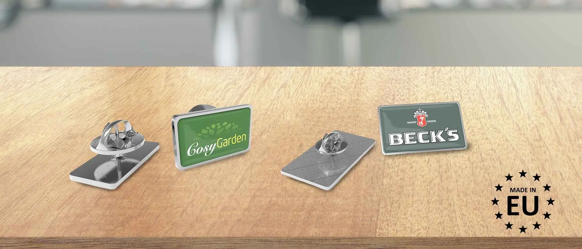 Pins with Pin & Clutch  Choose a pin to make your logo or company stand out more. The pins are attached to your clothing by means of a pin & clasp.